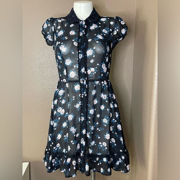 Floral Button-Down Chiffon Lace Collar Dress size xs - Picture 1 of 7